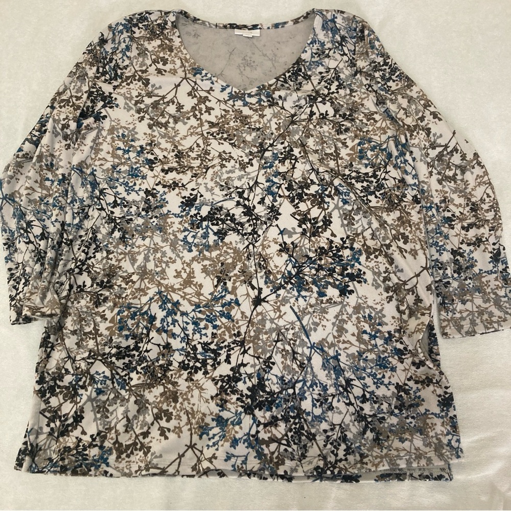 J. Jill Pure Jill Womens Tunic Top Blue Floral V Neck Stretch Petite’s Size L